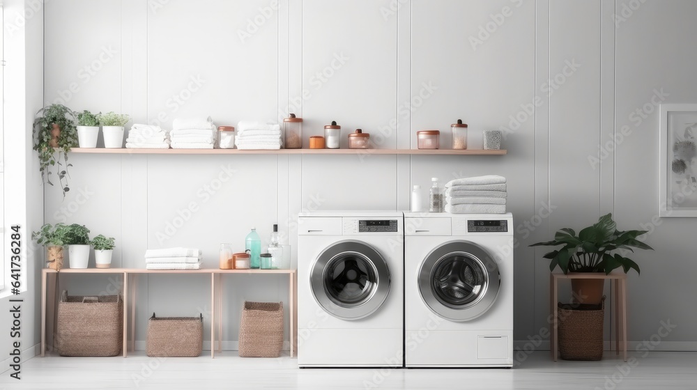 Modern bathroom with washing machine at home, Basket with dirty laundry.