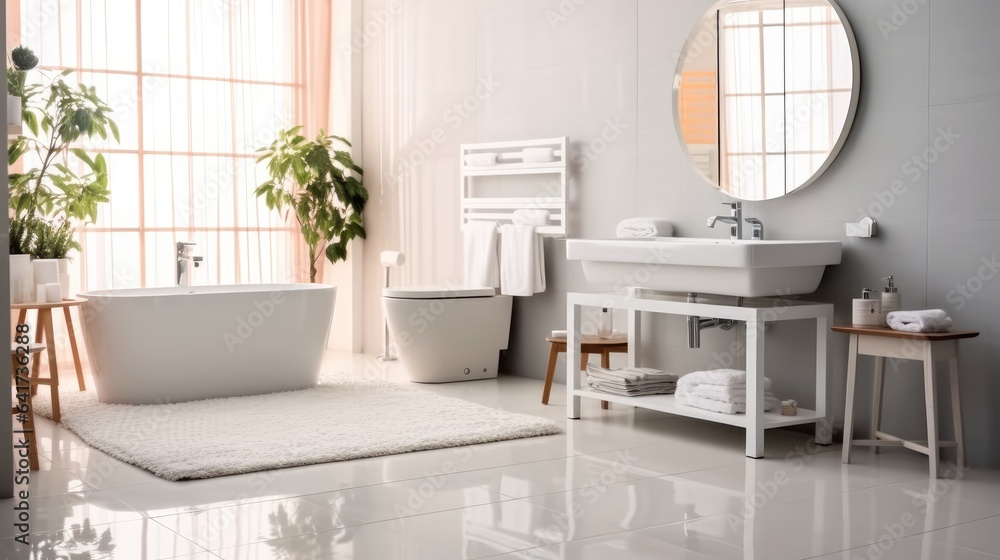 Modern Bathroom with White Bathtub and Sink.