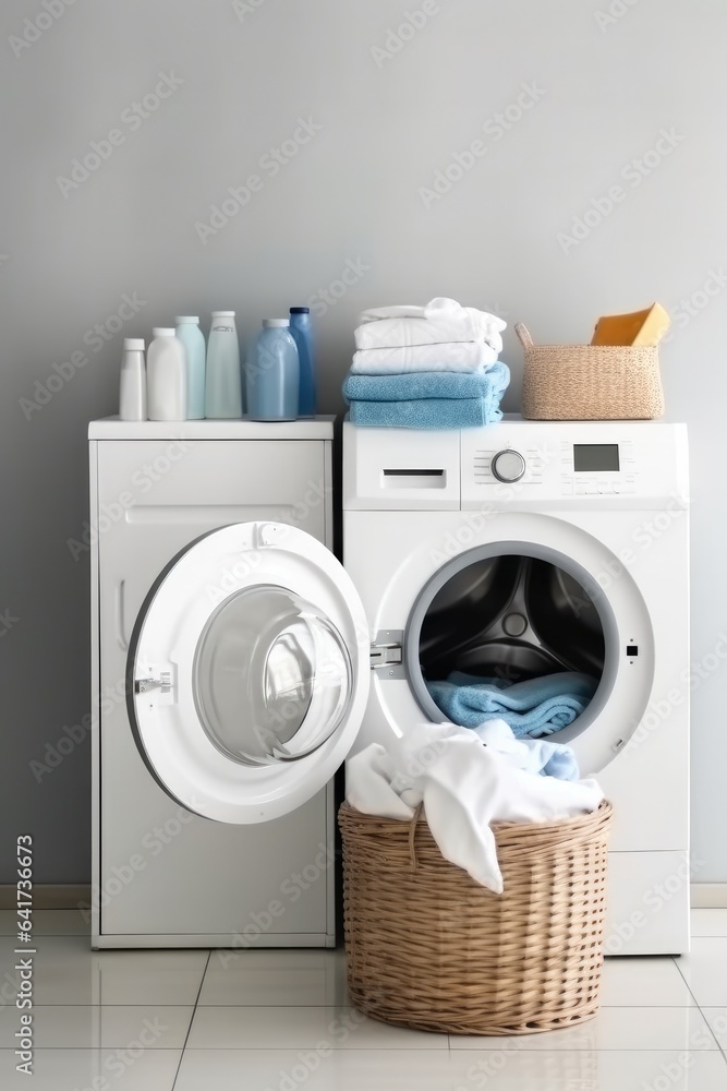 Laundry Room with washing machine, Dryer, Laundry basket and folded towels.