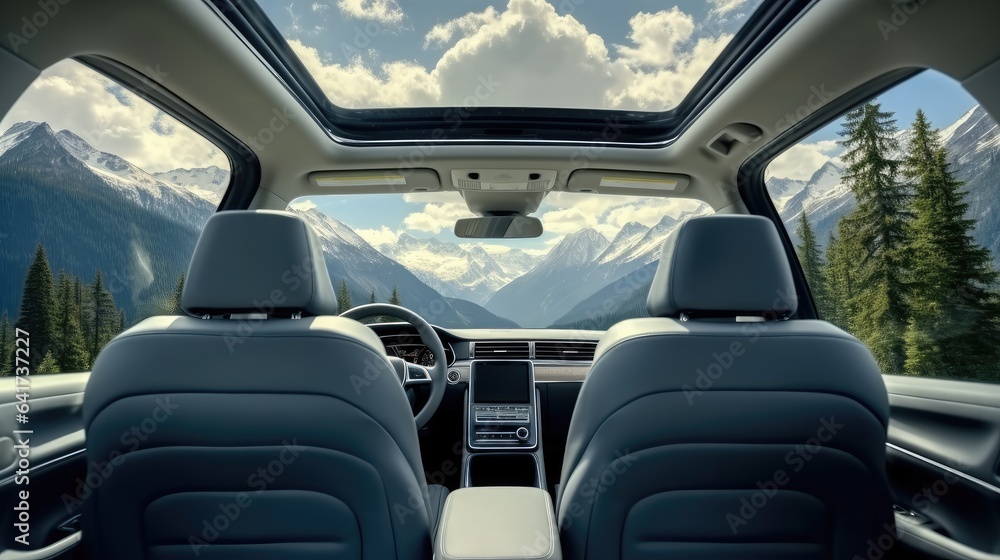 Interior of electric vehicle passenger seat with mountain view, Modern interior of car.