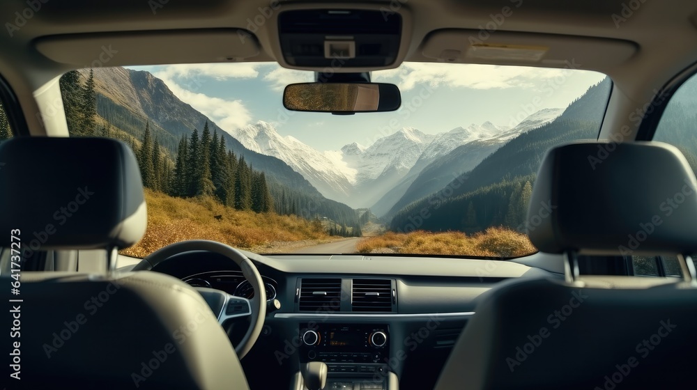 Interior of electric vehicle passenger seat with mountain view, Modern interior of car.