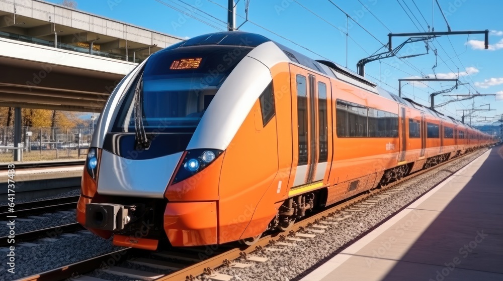 Passenger trains parked at railway station.