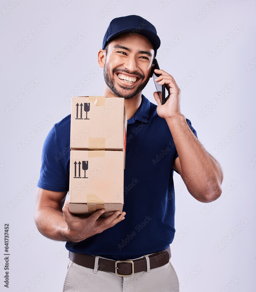 Phone call, shipping box and happy delivery man on conversation, studio discussion or talk to courie