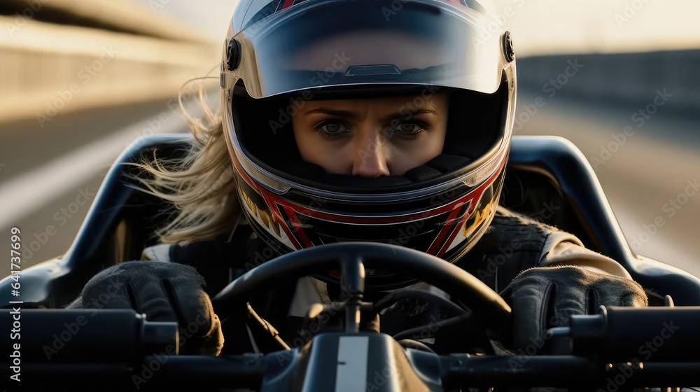 Portrait of a professional woman sports car racer in a helmet driving auto on the track.