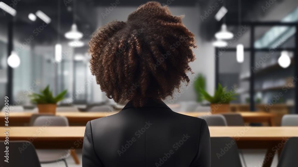 Rear view, Black businesswoman standing at office.