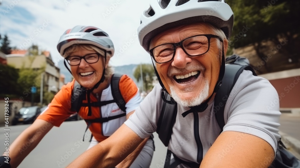 Happy retired people in protective helmets are riding bike together exploring city.