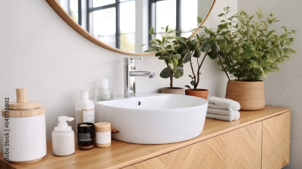 Bathroom and wash basin with shelving unit, Modern bathroom.