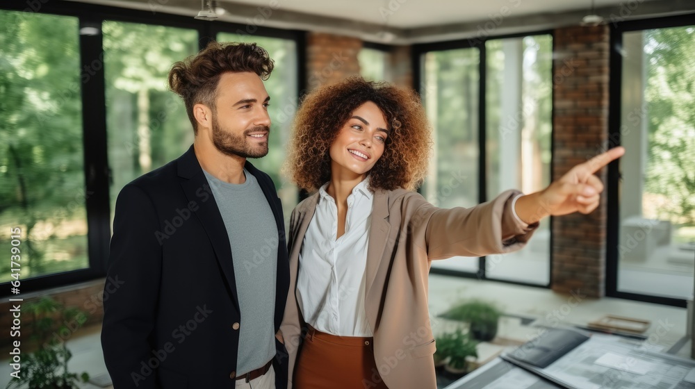 Property market concept, Smiling real estate broker pointing with hand while showing new dwelling to