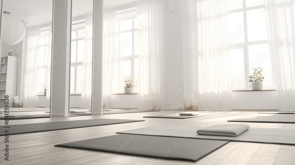 Spacious bright yoga studio studio with exercise mats.