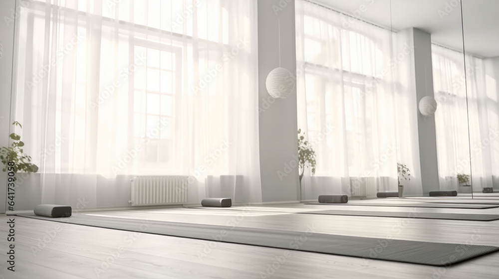 Spacious bright yoga studio studio with exercise mats.