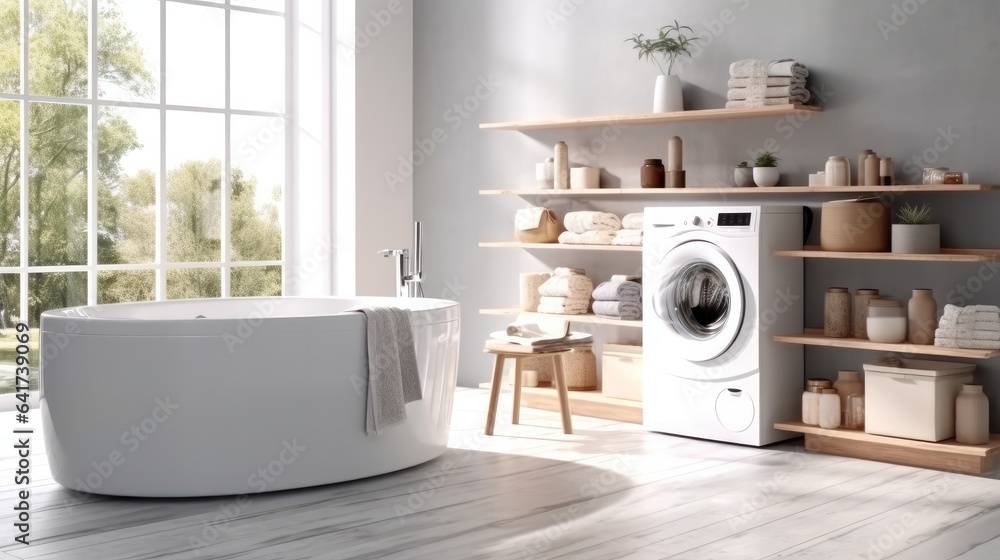 Bathroom Interiors, Modern of bathroom with sink bowl and washing machine.