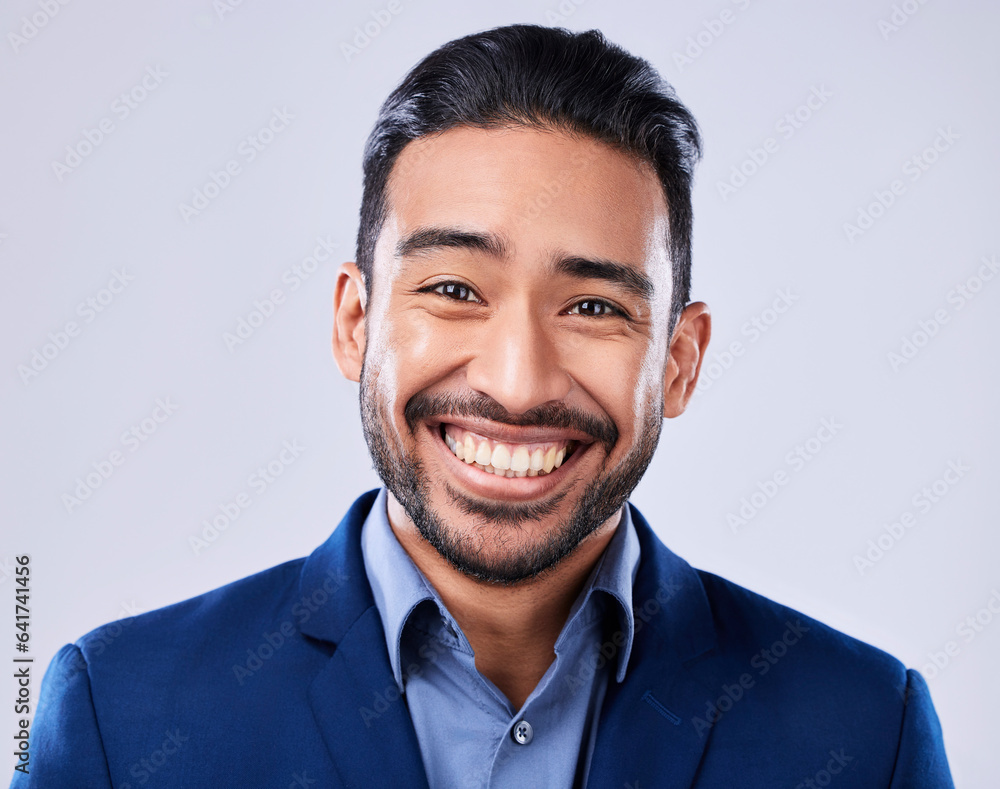 Face, smile of lawyer and business man in studio isolated on white background. Professional attorney