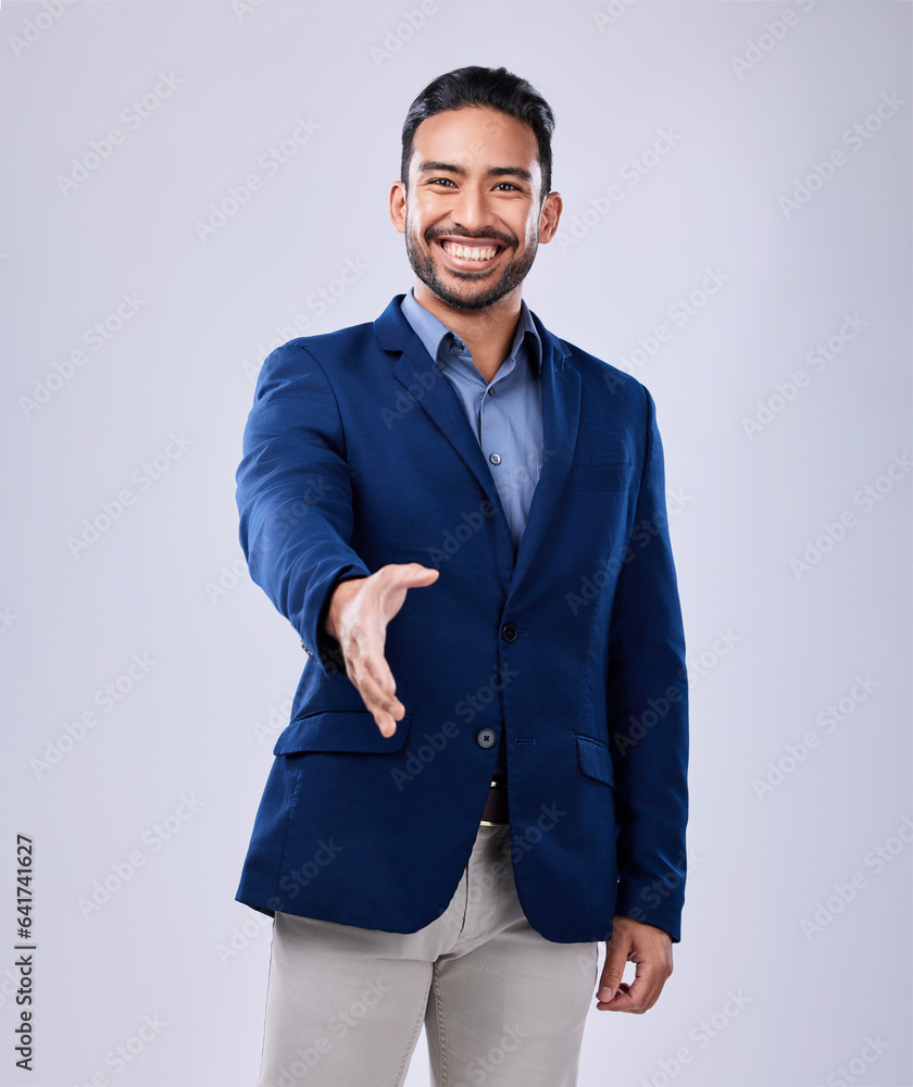 Smile, handshake and portrait of businessman in a studio for deal, partnership or onboarding. Happy,