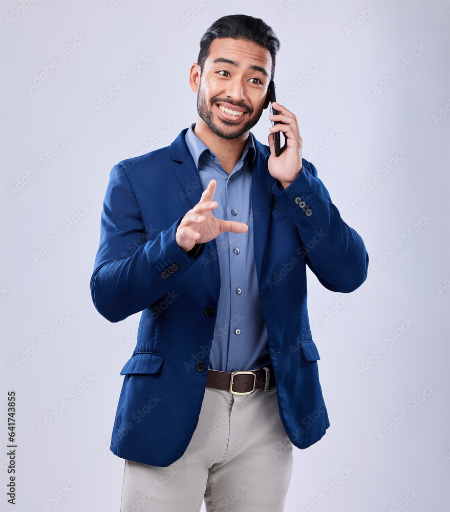 Business, phone call and Asian man with connection, conversation and consultant on a white studio ba