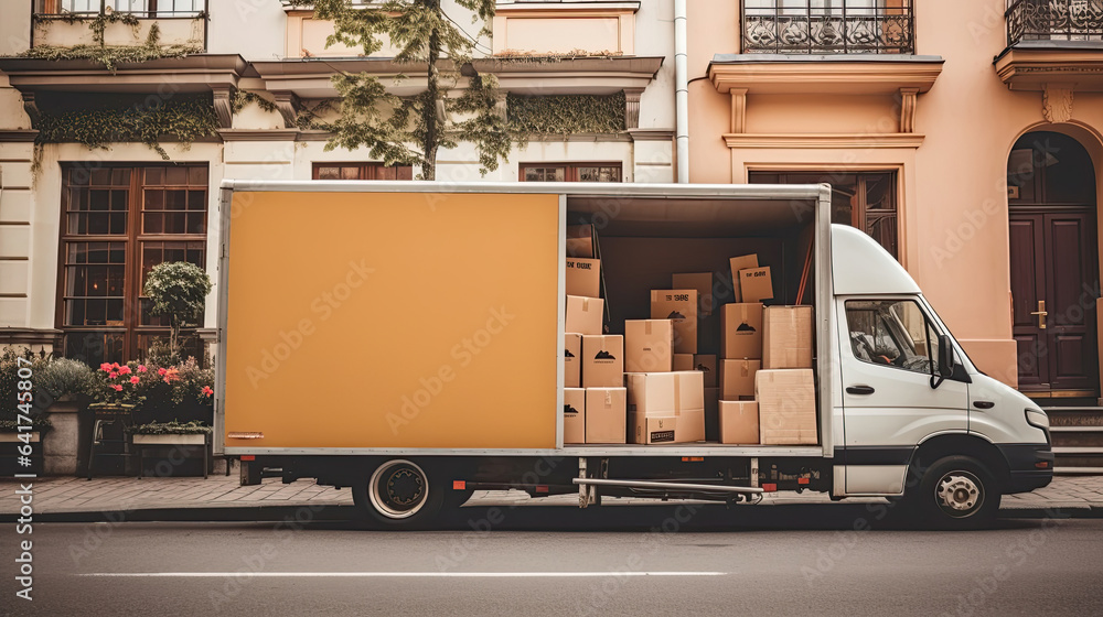 Truck full of moving boxes and furniture. Mover service and Moving service concept. Generative Ai