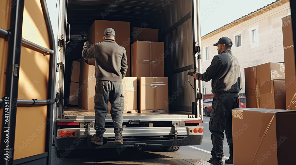 Two removal company workers are loading boxes and furniture into Truck full of moving boxes and furn