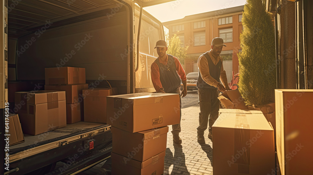 Two removal company workers are loading boxes and furniture into Truck full of moving boxes and furn