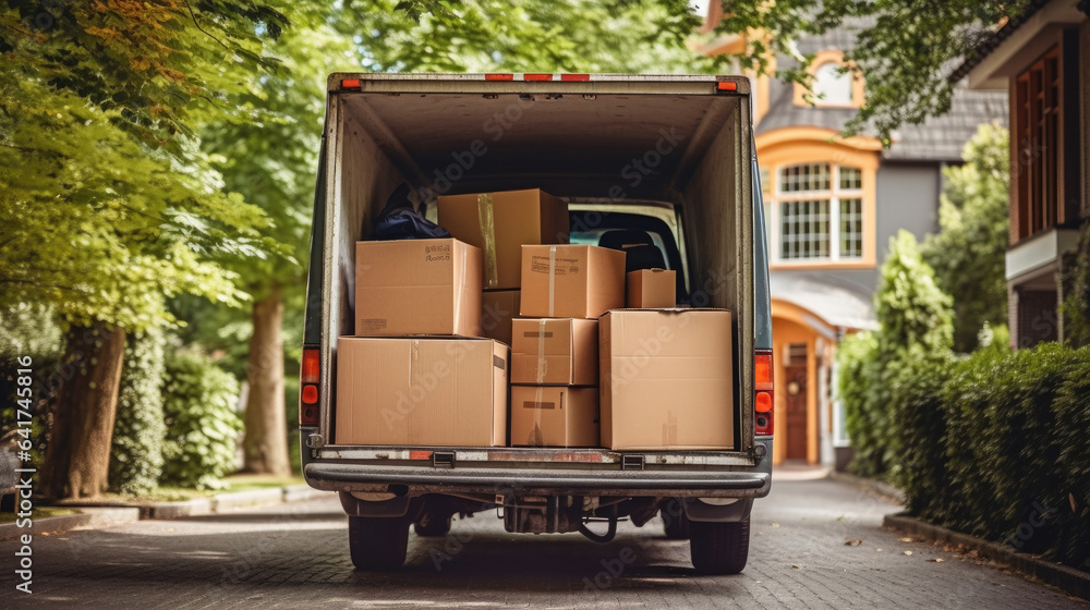 Truck full of moving boxes and furniture. Mover service and Moving service concept. Generative Ai