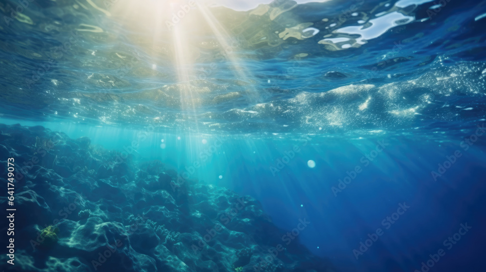 Sea underwater view with sun light. Beauty nature background