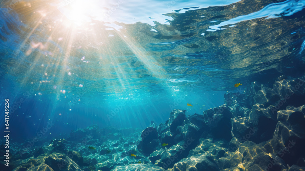 Sea underwater view with sun light. Beauty nature background