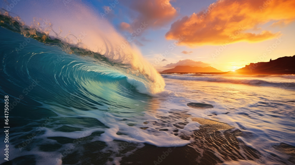 Wave crest at sunset. The perfect place to surf in Hawaii. The concept of attracting tourists to Haw