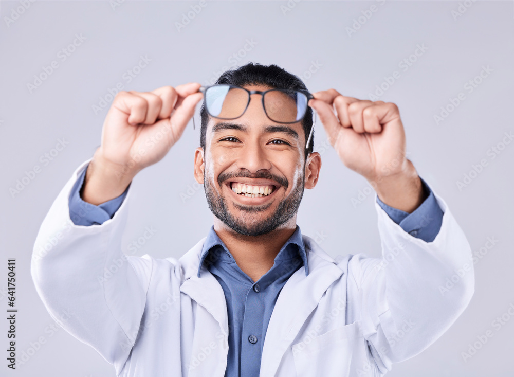 Man hands, glasses and portrait of ophthalmologist at studio isolated on a white background. Frame, 