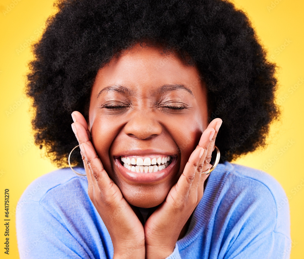 Surprise, excited and face of black woman on yellow background for good news, wow and happiness. Emo