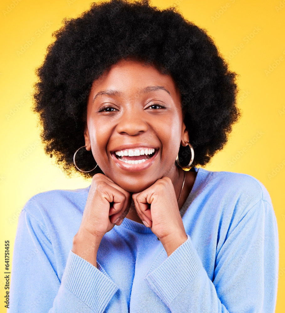 Portrait, smile and black woman hands on chin in studio, face and excited for skincare and cosmetics