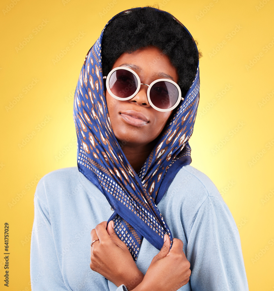 Fashion, vintage and sunglasses with portrait of black woman in studio for retro, trendy and beauty.