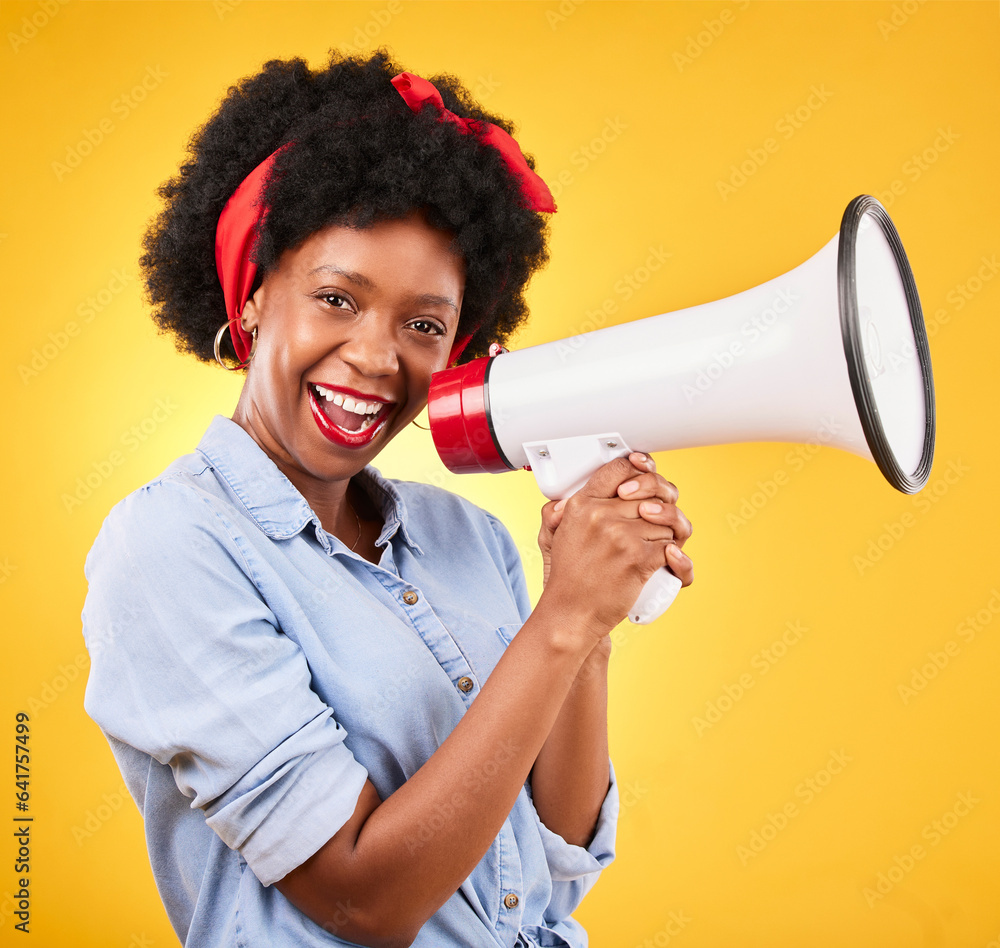 Portrait, megaphone or happy black woman with announcement or review on studio background. Broadcast