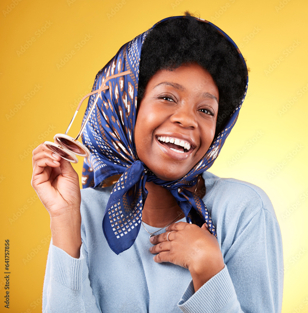 Fun, retro and woman portrait with sunglasses and smile closeup with vintage frames accessories in s