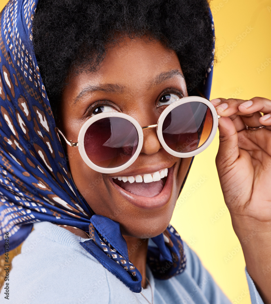 Fun, retro and woman with sunglasses and smile closeup with vintage frames accessories in studio. Af