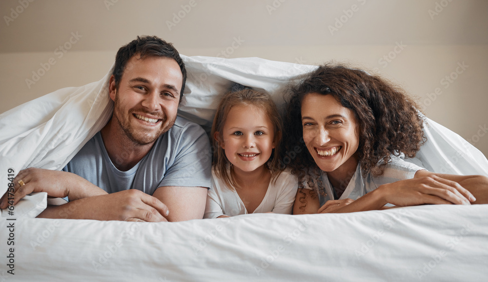 Smile, love and portrait of family in bed for bonding, relaxing and resting together with blanket. H