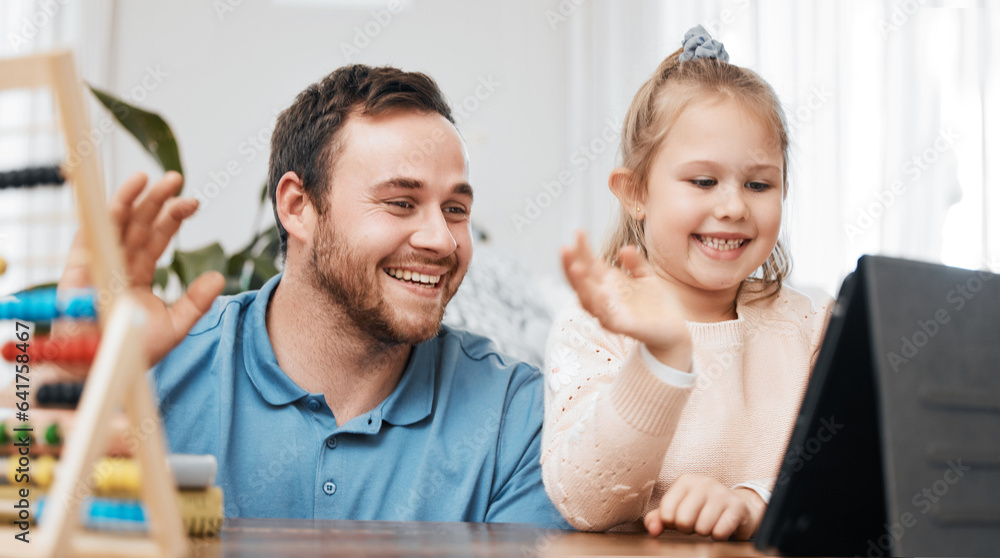 Dad, tablet or child on video call for education, skills development or knowledge in online class. W