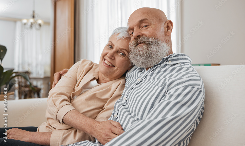 Smile, portrait and senior couple on a sofa in the living room of modern home for bonding. Happy, lo