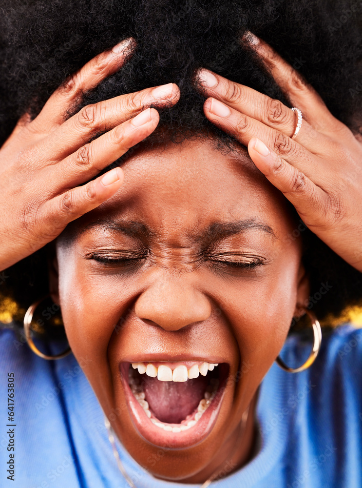 Angry, shouting and face of a frustrated black woman with stress, fail or crazy in studio. Closeup, 