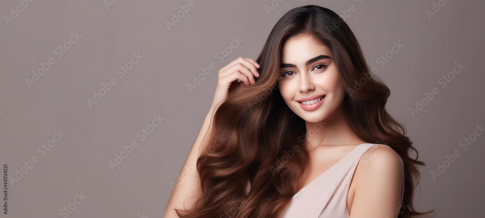 Model girl with shiny brown smooth healthy hair with long straight and glowing, skin natural beauty 