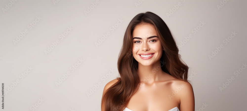 Model girl with shiny brown smooth healthy hair with long straight and glowing, skin natural beauty 