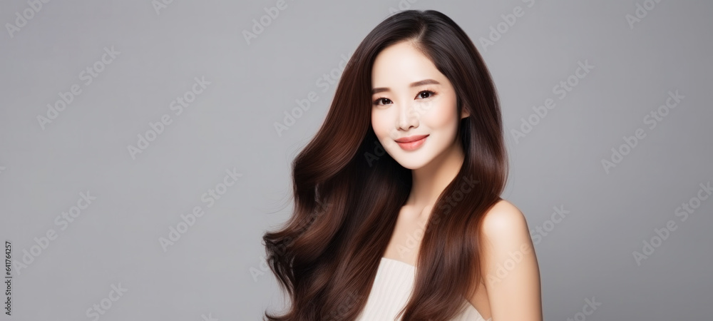 Model girl with shiny brown smooth healthy hair with long straight and glowing, skin natural beauty 