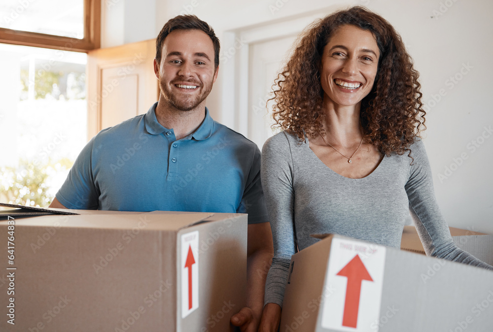 Moving, new home or portrait of happy couple with boxes in real estate, property or rental apartment