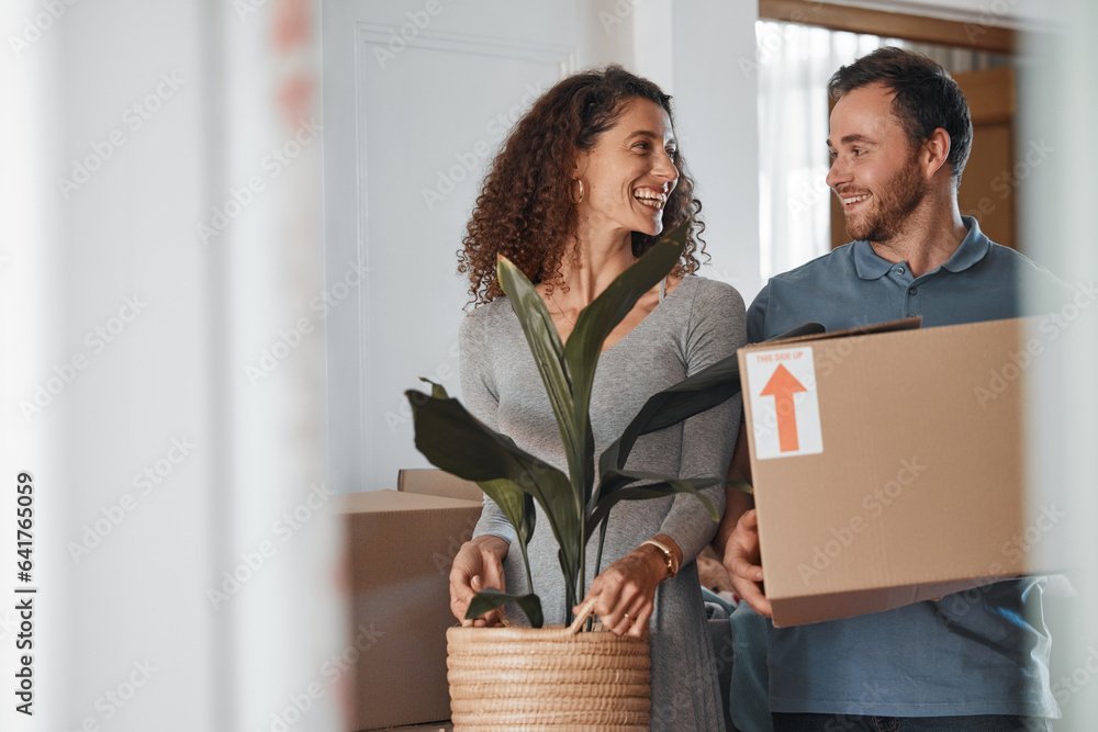 Moving, new home or happy couple with boxes in real estate, property or rental apartment. Woman, pro