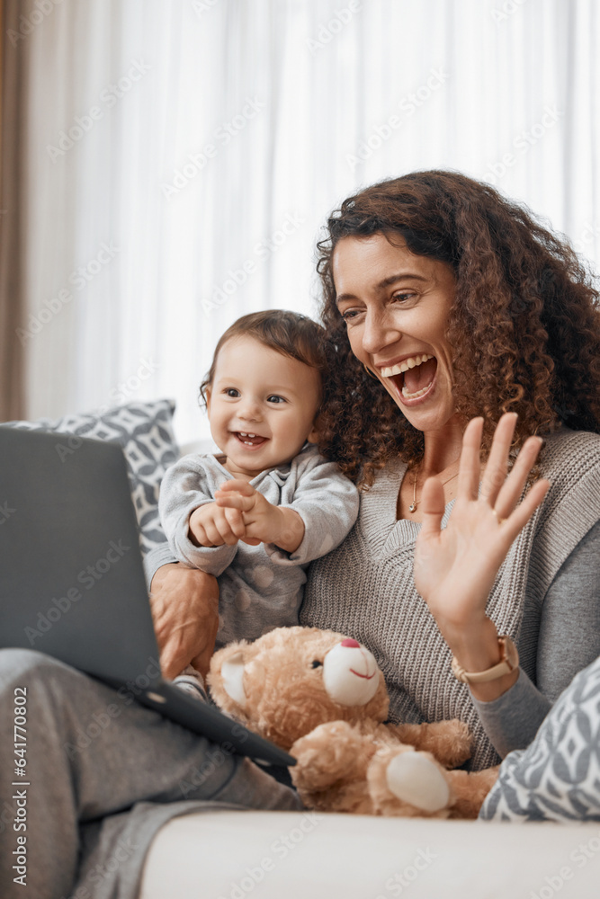 Happy, baby or mother laptop video call in house or home living room in conversation or communicatio