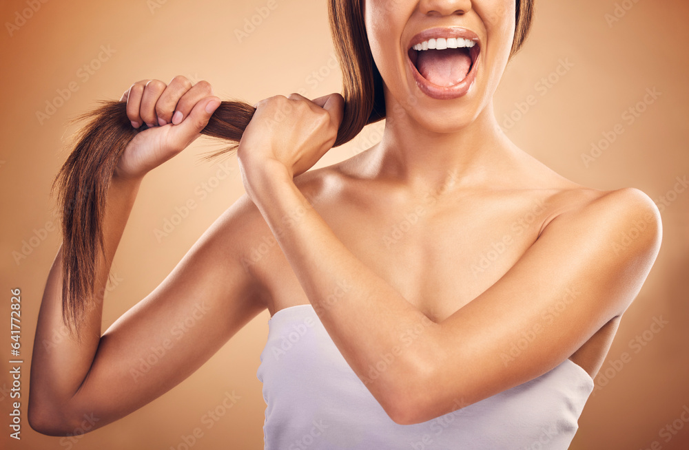 Shouting, hair care and frustrated woman with beauty and strong texture for growth isolated in studi