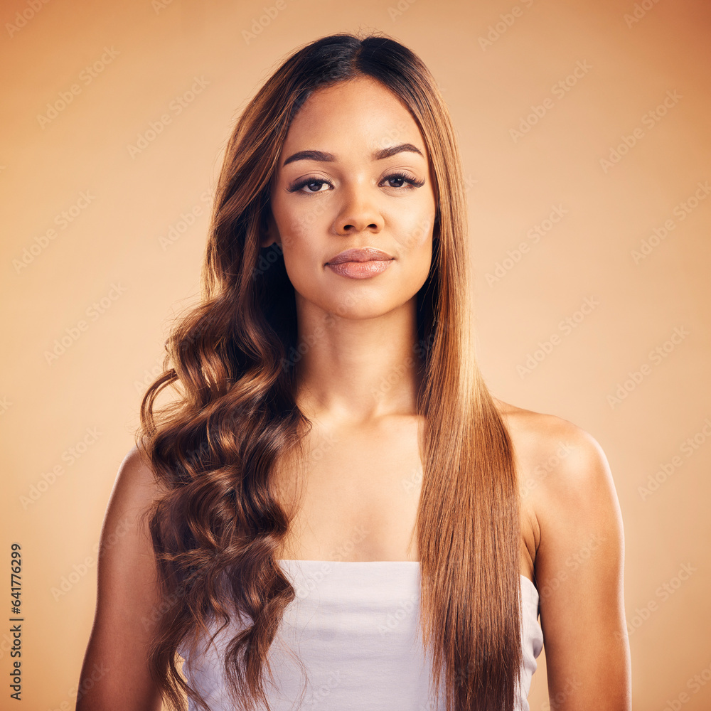 Portrait of woman, straight hair and curly for beauty isolated on brown background in studio. Face, 