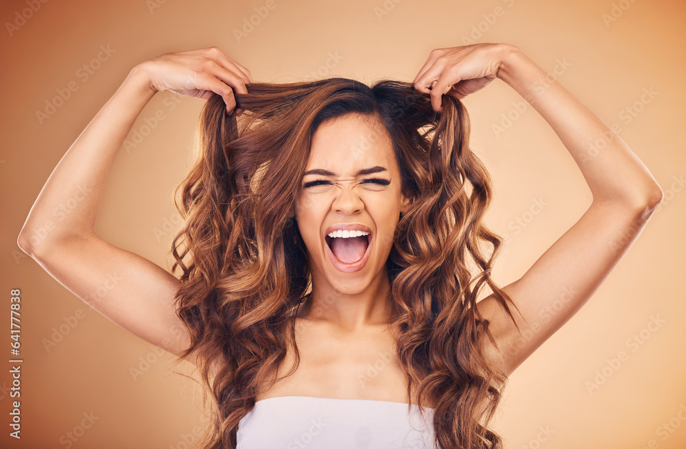 Portrait, woman and excited for curly hair beauty isolated on a brown background in studio. Face, ha