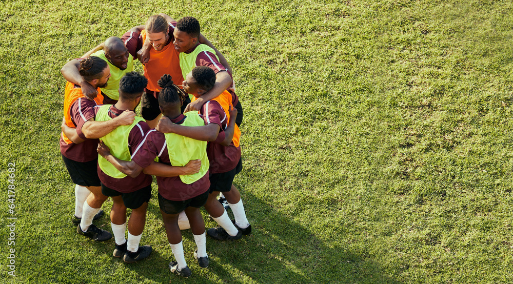 Soccer group, men and huddle for motivation, support and game strategy talk on sport field. Above, g