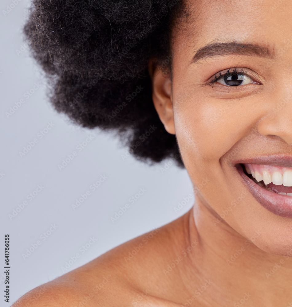 Beauty, skincare and half portrait of black woman in studio for cosmetics, space and spa treatment. 