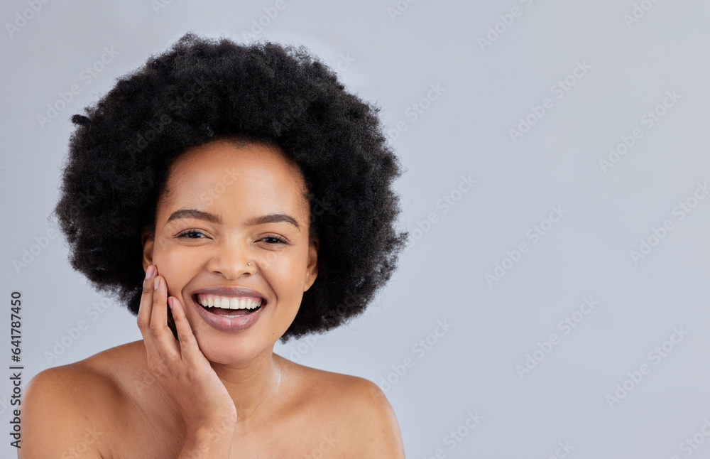 Mockup, natural and portrait of black woman with beauty skincare isolated in a studio gray backgroun