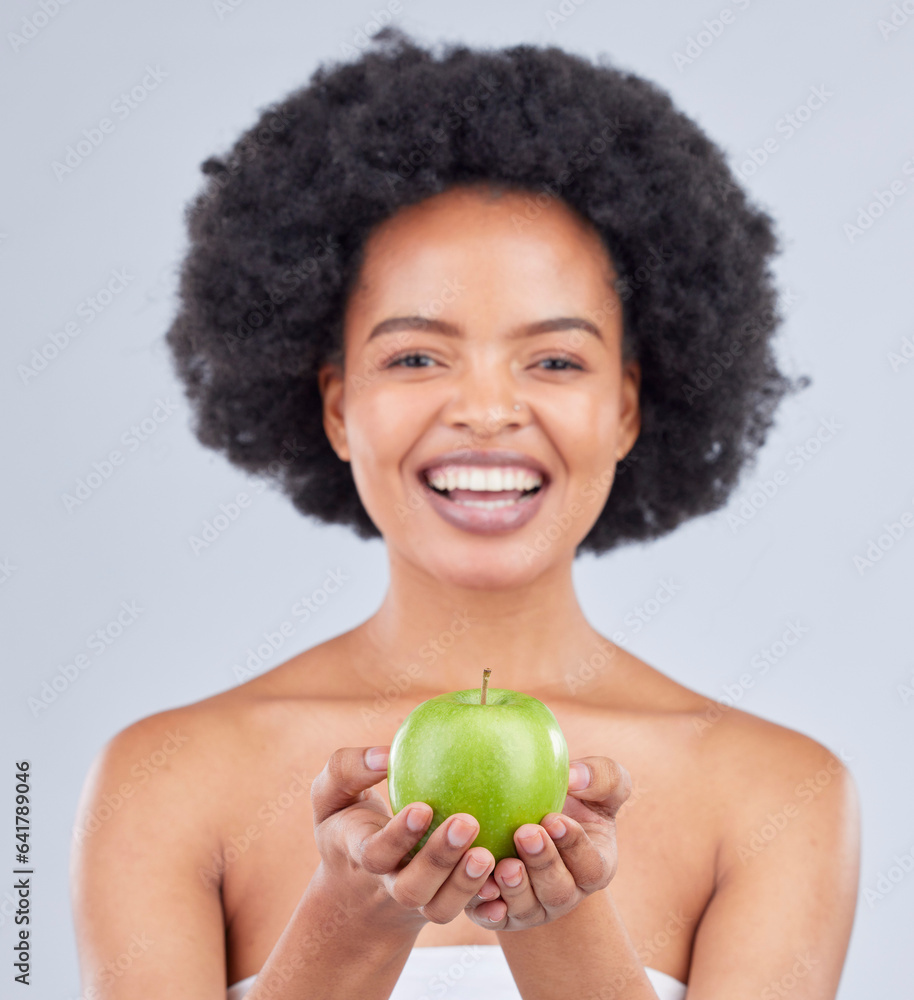 Apple, black woman and portrait with beauty, diet and natural skincare glow in studio. Happy, face a