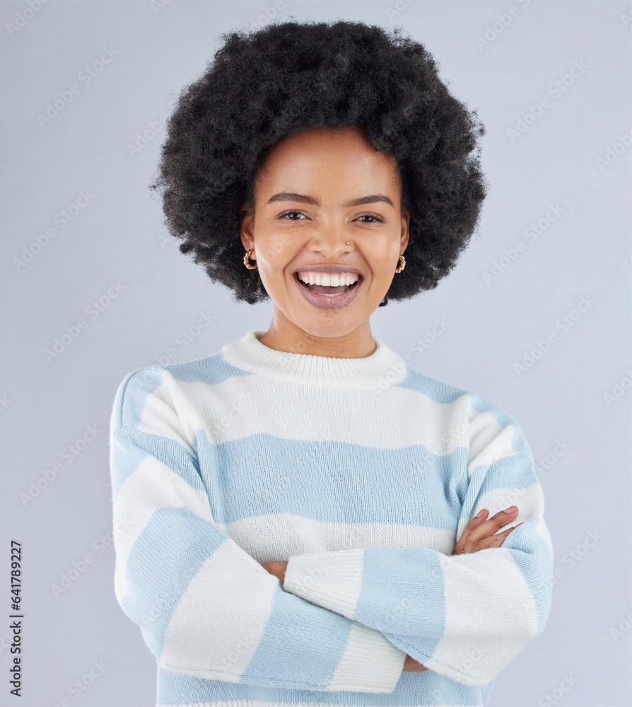 Fashion, arms crossed and smile with portrait of black woman in studio for education, casual and tre